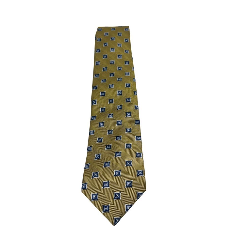 Jos A Bank Executive Collection Men's Necktie Yellow with Blue Squares Silk Tie